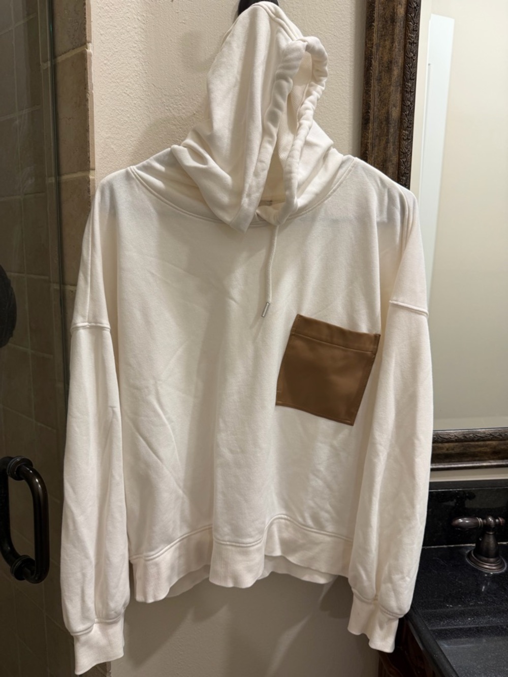 LOFT Cream Crewneck Hoodie with Brown Chest Pocket